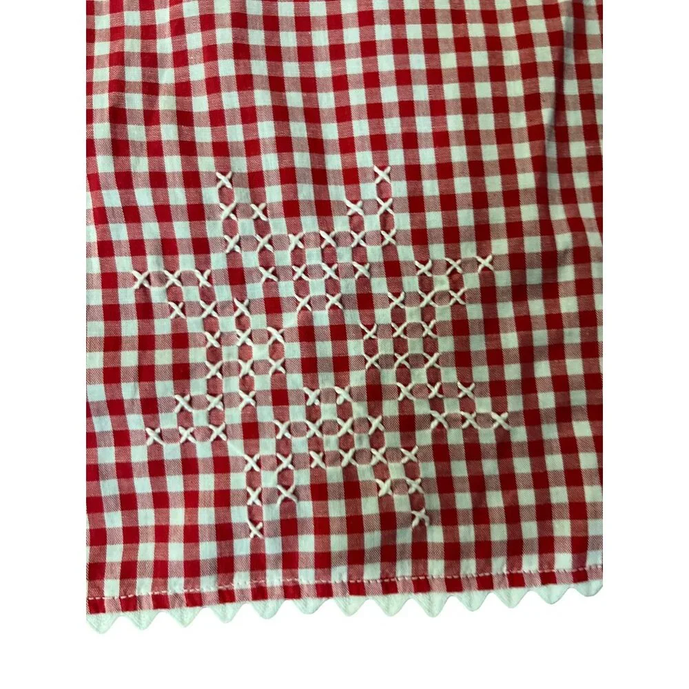 Vintage Red Gingham Half Apron Embroidered Pockets Farmhouse OSFM